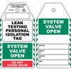 Leak Testing Personal Isolation Tag / Valve Open, English, Black on Green, White, Red, 80,00 mm (W) x 150,00 mm (H)